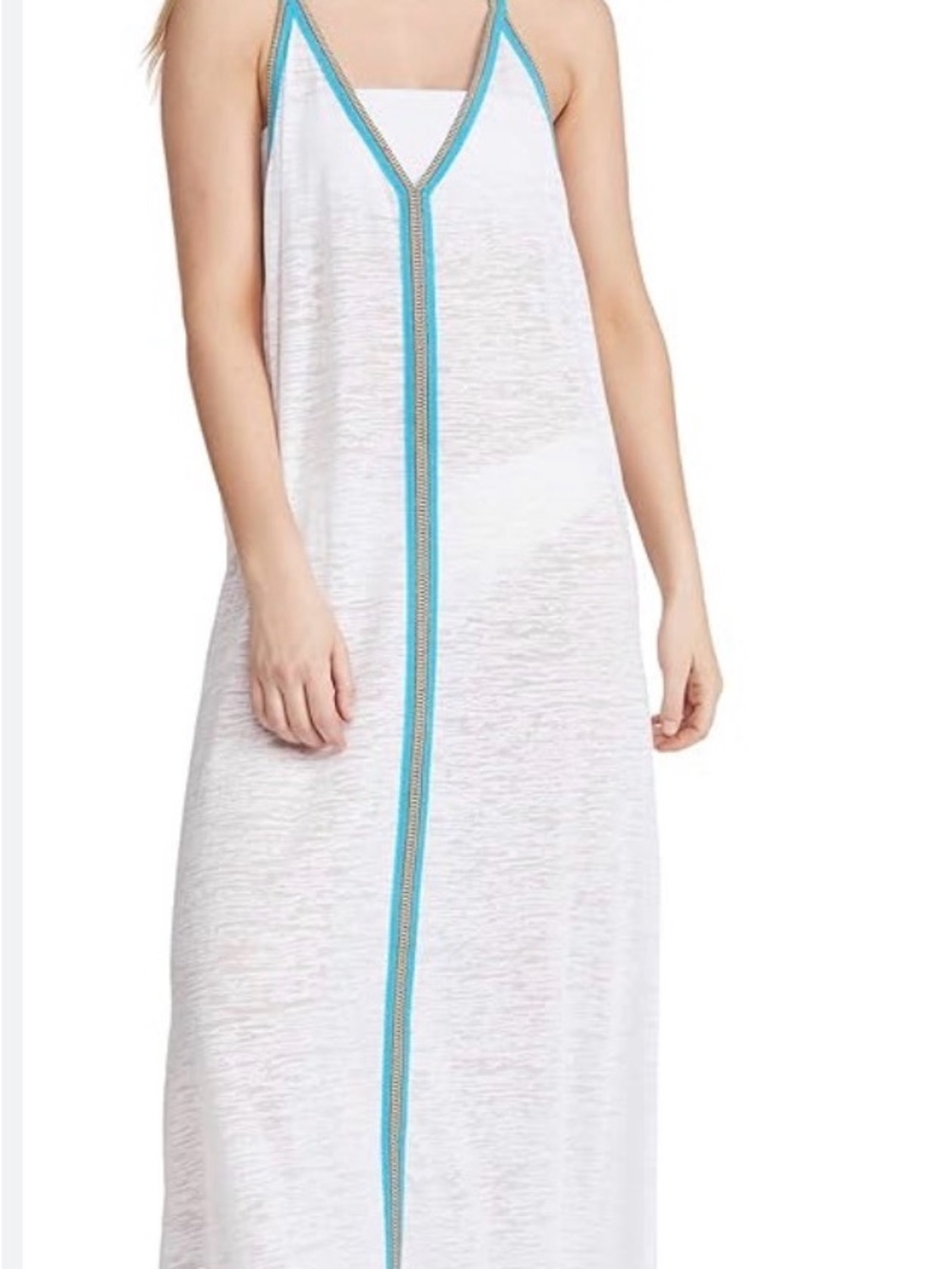 Pitusa Inca Sundress White Sheer Cover-Up Maxi with Teal Trim Fits Size 6-12 - Picture 3 of 11